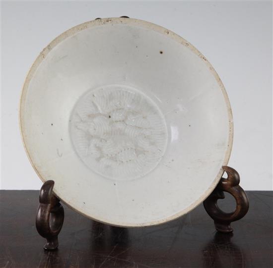 A Chinese Yingqing twin fish shallow bowl, Song-Yuan dynasty, 16cm